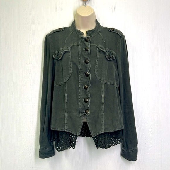 Free People - Emilia Linen Blend Military Olive Color Lace Trim Army Jacket XS - Picture 2 of 14